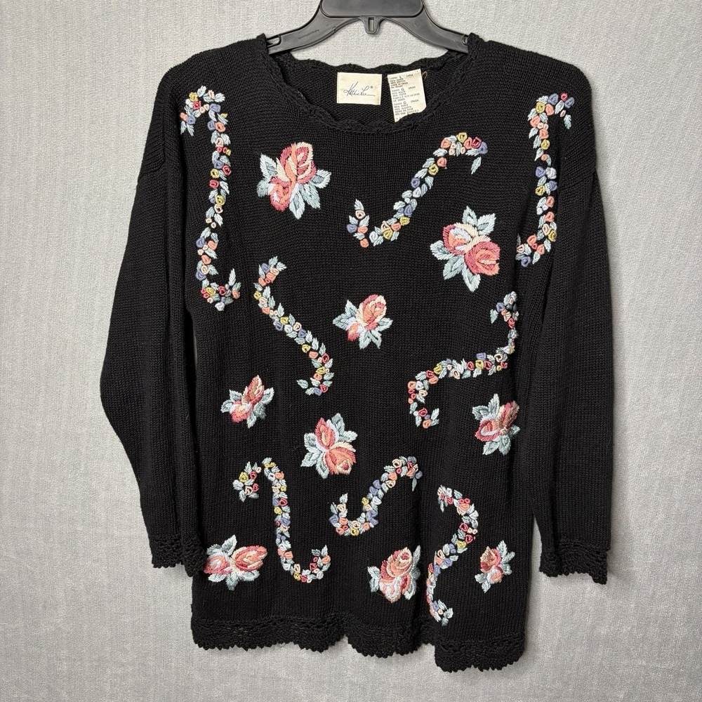 Vintage Kathie Lee Womens Sweater Large Black Embroidered Floral Grannycore 90s